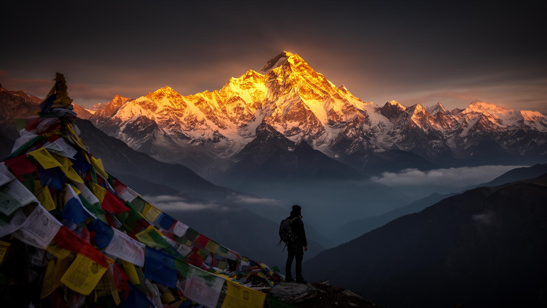 Sunrise over the Himalayas with prayer flags